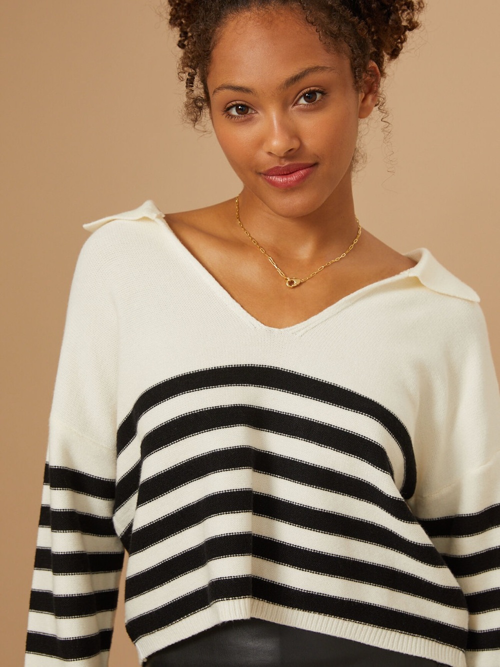 Altar'd State Navy White Striped Cropped Collared Polo Sweater Size XS